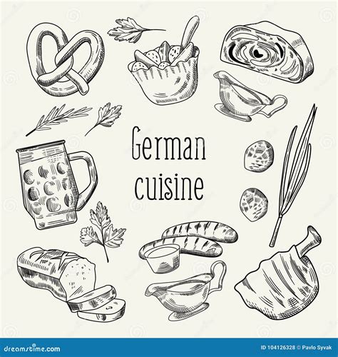 German Traditional Food Hand Drawn Outline Doodle. Germany Cuisine Menu Template Stock Vector ...