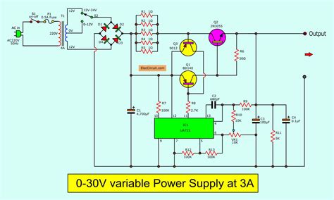 0-30V Variable Power Supply circuit Diagram at 3A - ElecCircuit.com