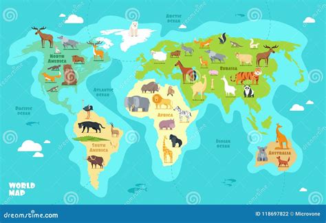 Cartoon World Map with Animals, Oceans and Continents. Funny Geography for Kids Education Vector ...