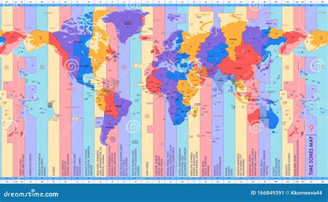 High Detail World Map of Time Zones, with Big Cities of the World, Color Vector Illustration ...