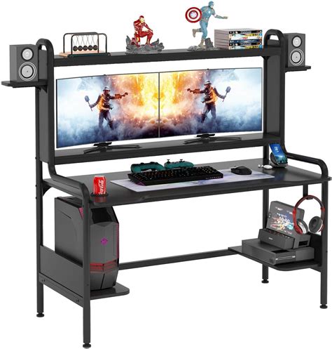 TIYASE Gaming Desk with Monitor Stand, Computer Desk with Hutch and Storage Shelves, Large PC ...