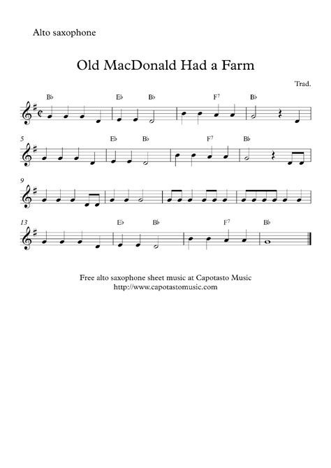 Easy Sheet Music For Beginners: Free easy alto saxophone sheet music, Old MacDonald Had a Farm