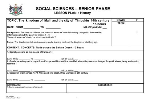 Grade 7 history term 1 - SOCIAL SCIENCES – SENIOR PHASE LESSON PLAN : History TOPIC: The kingdom ...