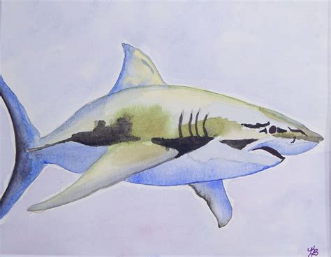 Great White Shark Original Watercolor Painting Mounted and Matted Home Nursery Decor Wildlife ...