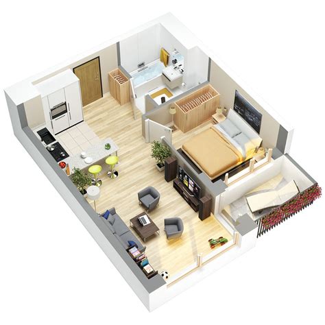 3D floor plans of flats. | Studio apartment floor plans, Apartment floor plans, Small house plans