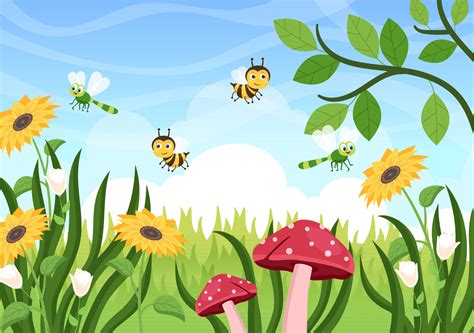 Beautiful Garden Cartoon Background Illustration With Scenery Nature of Plants, Various Animals ...