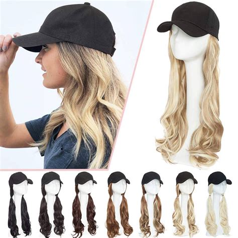 SEGO Baseball Cap Wigs Synthetic Long Curly Wavy Wig Hat Hair Extensions Attached Hairpieces For ...