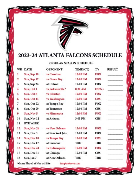 Printable 2023-2024 Atlanta Falcons Schedule