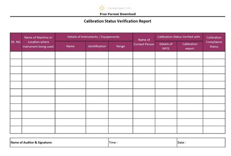 Calibration Status Verification Report format