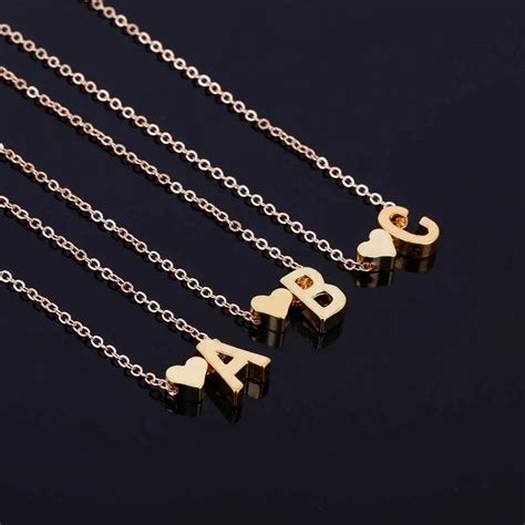 Alloy Gold Heart A Z Alphabet Pendant Necklace Collarbone Chain Letter Necklace Hand Stamped ...