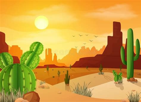 Desert landscape with cactuses on the sunset background. Illustration of Desert , #affiliate, # ...