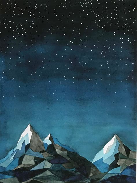 8x10/ Mountains in the Night Sky/ Wall Art/ Modern Watercolor Print/ Graphic Style | Sky art ...