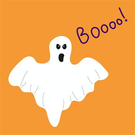 A cheerful cartoon ghost talking boo on orange background for halloween. Flat vector ...