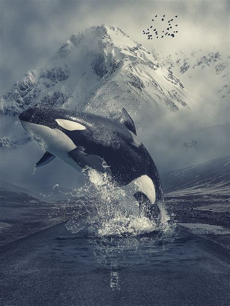 HD wallpaper: manipulation, animal, killer whale, orca, mountains, road, water | Wallpaper Flare