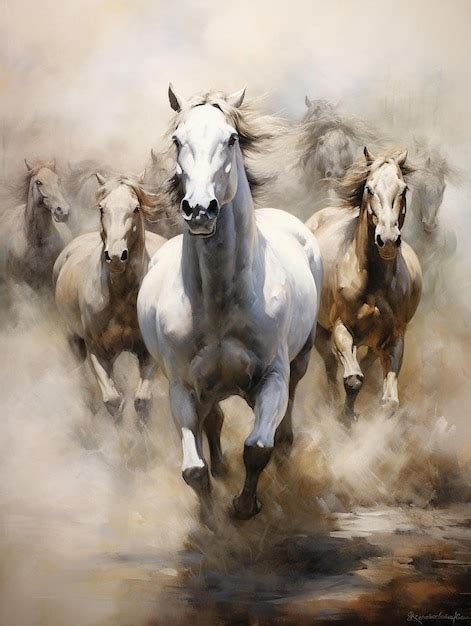 Premium AI Image | a painting of horses running in the wild.