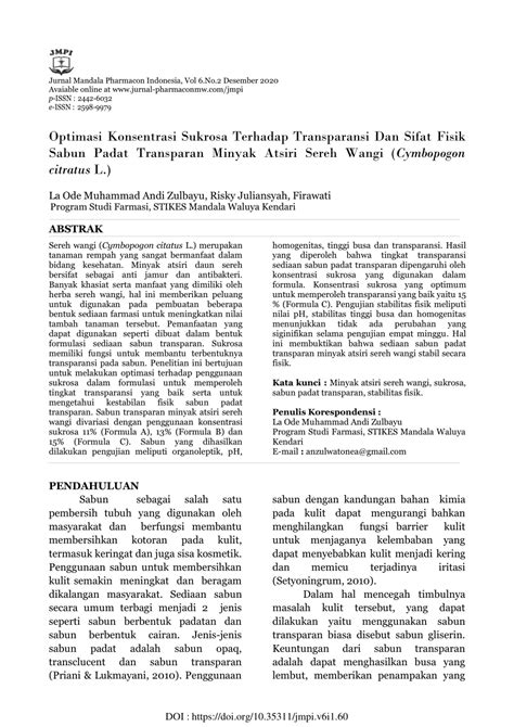 (PDF) Optimasi Konsentrasi Sukrosa Terhadap Transparansi Dan Sifat Fisik Sabun Padat Transparan ...