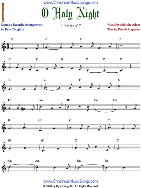 O Holy Night Christmas Carol For Recorder - Free Sheet Music