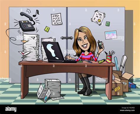 Cartoon-style illustration: a busy smiling young employee in her office, working hard Stock ...