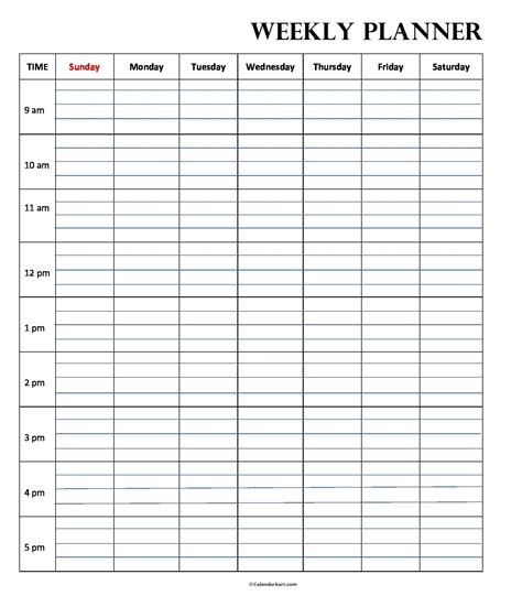 Weekly Hourly Calendar Printable