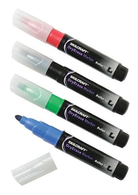 ABILITY ONE Dry Erase Markers, Bullet, Marker Cap Capped, Barrel Type Round, Number of Markers 4 ...