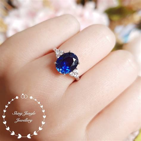 Genuine Lab Grown Royal Blue Oval Sapphire Engagement Ring, 3 carats sapphire three stone ring ...