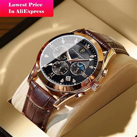 Poedagar 42mm Dial Brown Leather Strap Calendar Waterproof Chronograph Quartz Watch Rose Gold ...