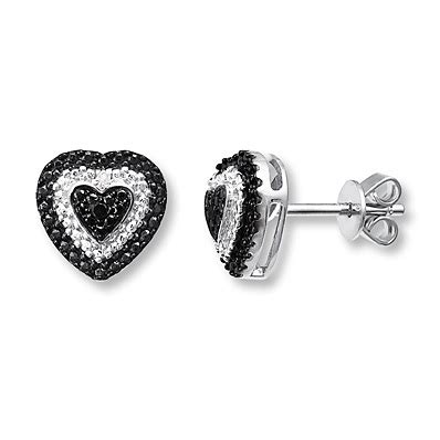 Kay Jewelers Heart Earrings Black/White Diamonds Sterling Silver- Diamond Earrings