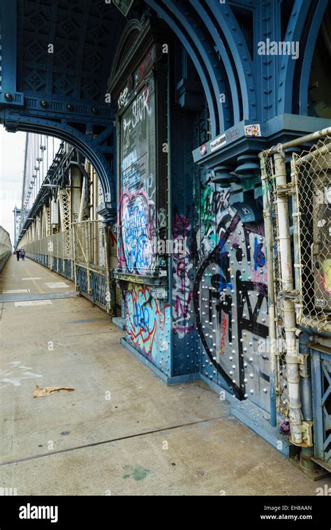 Pedestrian walkway and graffiti, Manhattan Bridge, New York City, New York, United States of ...