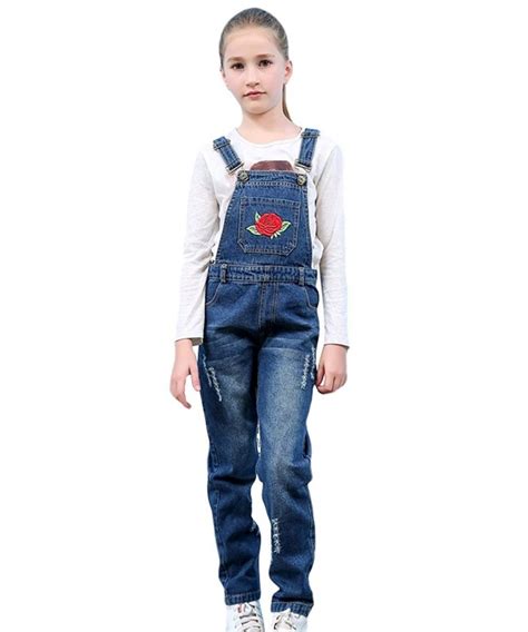 Kid Girls' Rose Flower Embroidered Distressed Denim Bib Overall - CQ185U9S8Y6