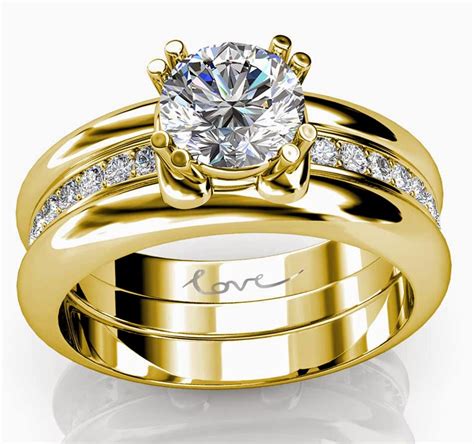 Trio Wedding Rings Sets Yellow Gold with Luxury Diamond