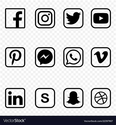 black and white Social media Icons on transparent background vector high quality set illus ...