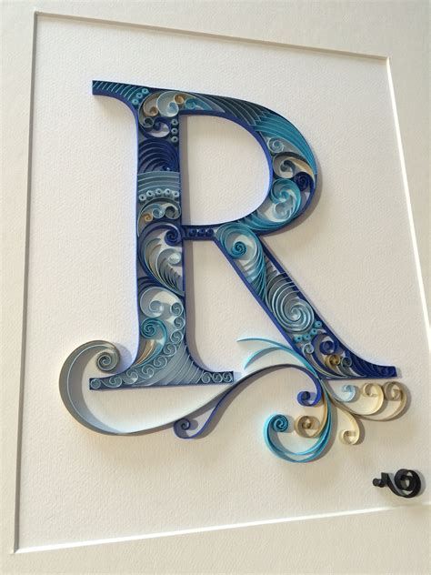 Quilling Monogram R with Swirly Blue Paint