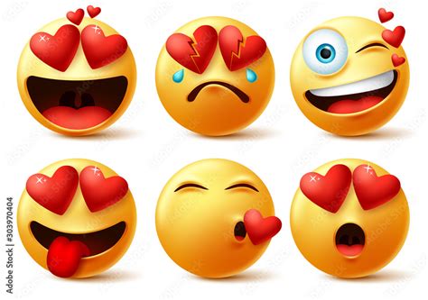 Emoticon and emoji with heart vector faces set. Emoticons of red heart with in love, broken ...