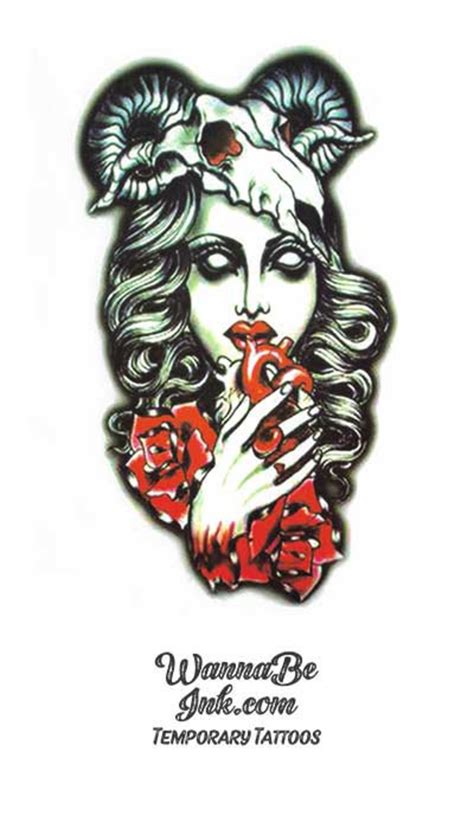 Woman Wearing Ram Horns and Red Roses Best Temporary Tattoos - Etsy