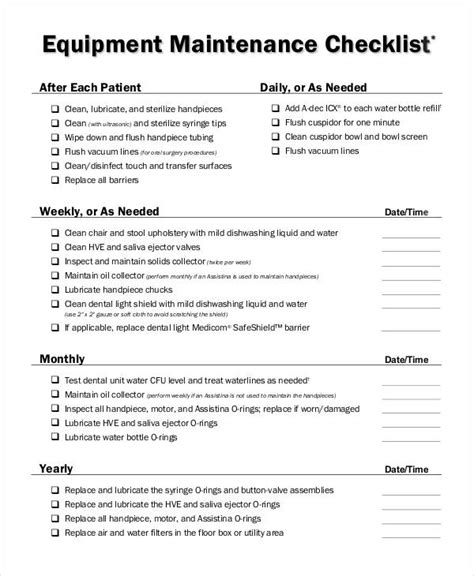 Equipment Maintenance Checklist Templates | 15+ Free Docs, Xlsx & PDF Formats, Samples, Examples