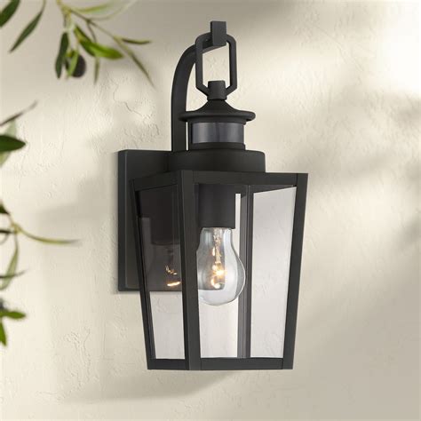 Possini Euro Design Modern Outdoor Wall Light Fixture Textured Black 14" Clear Glass Motion ...