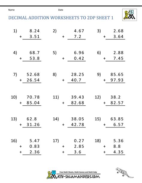 Adding Decimals Worksheet 5th Grade