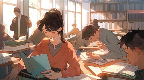 Premium AI Image | anime scene of a woman reading a book in a library generative ai