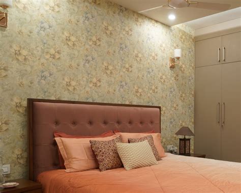 Beige Floral Wallpaper Design For Bedrooms | Livspace