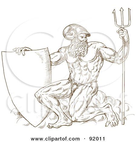 Brown Sketch Of Neptune With A Shield And Trident, On White Posters, Art Prints by - Interior ...