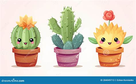 Set Cactus with Cute Cartoon Characters Stock Illustration - Illustration of branch, leaf: 284049713