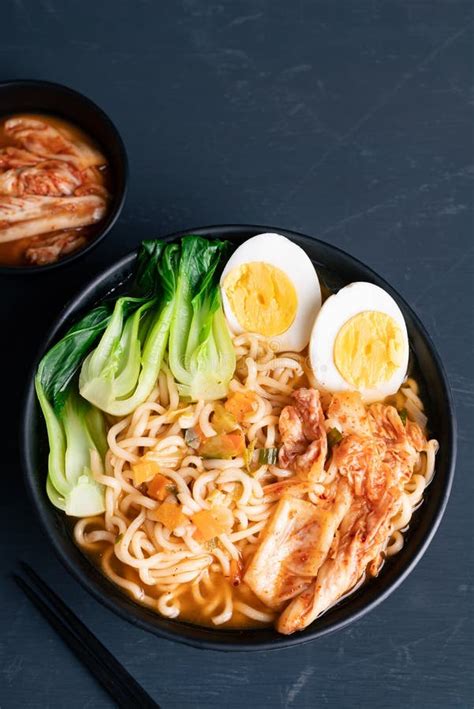 Korean Spicy Instant Noodles Soup with Bok Choy and Boiled Egg Stock Photo - Image of cuisine ...