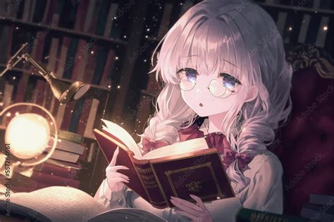 ai generated illustration of a young anime girl reading a book in a room Stock Illustration ...