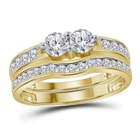 14kt Yellow Gold Womens Round Diamond 2-stone Bridal Wedding Engagement Ring Band Set 1.00 Cttw ...