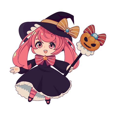 anime chibi witch with pumpkin wand 11483097 Vector Art at Vecteezy