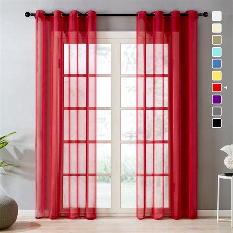 Topfinel Red Grommet Sheer Curtains Faux Linen Solid Window Curtains for Living Room Bedroom, 54 ...