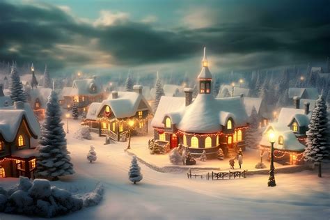 Christmas village with Snow in vintage style. Winter Village Landscape. Christmas Holidays ...