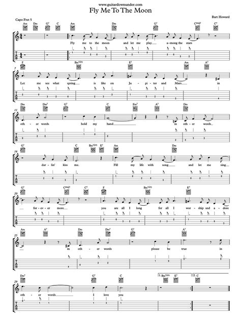 Fly Me To The Moon - Frank Sinatra - guitar chords including words and melody line and guitar tab.