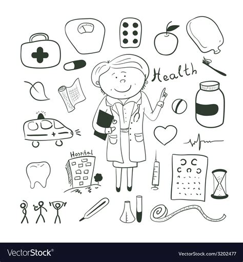 Health icons doodle woman doctor Royalty Free Vector Image