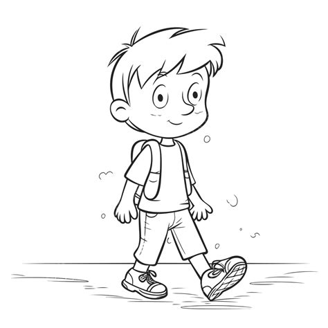 Boy Walks To School In Black And White Coloring Pages Outline Sketch Drawing Vector, School ...